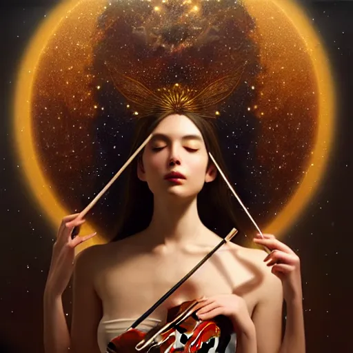 Image similar to a high quality life like portrait of a very very beautiful! celestial goddess of life playing a mysterious violin and springing life into the universe, highly detailed, intricate, sharp focus, fantasy, cinematic lighting, dreamlike, exotic, mystery, realistic, trending on artstation, fantasy, by WLOP and greg rutkowski