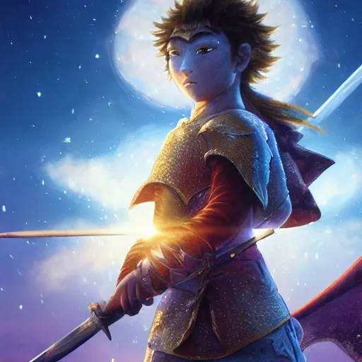 Image similar to a ultra detail picture portrait of A mystical warrior in shimmering armor wielding a legendary sword, the sun at their back, strides forward with sword held high. They are the embodiment of courage and strength, and they are ready to fight for what is right. vivid tones, wide angle, by miyazaki, nausicaa ghibli, 8k, photorealistic,