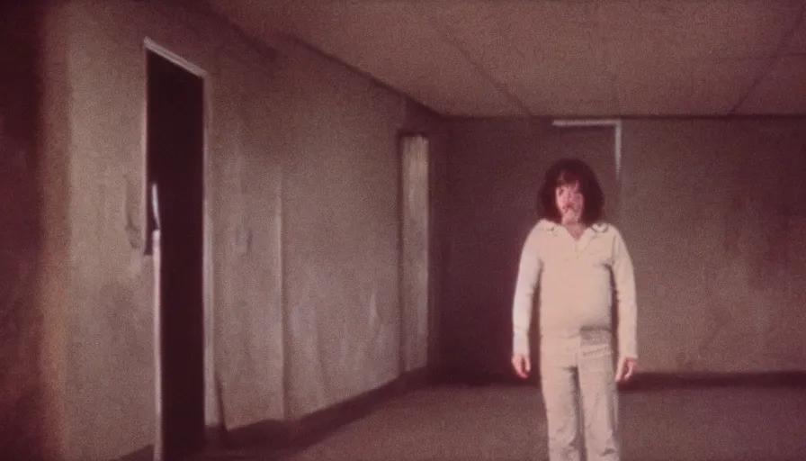 Image similar to 7 0 s film still from a horror movie featuring a person suffering from treacher collins syndrome standing alone in a liminal space, kodachrome, cinecolor, cinestill, photorealism, cinematic, film grain, film texture, vhs recording