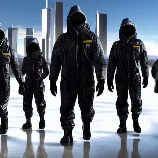 Image similar to a surreal landscape with towers in a harsh environment, a group of figures dressed in biohazard suits are walking, digital art