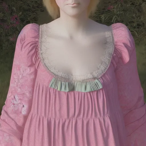 Image similar to 8 k, octane render, realism, tonalism, renaissance, rococo, baroque, cotton candy, portrait of a creepy young lady wearing bohemian long 1 9 7 0 s babydoll dress with flowers