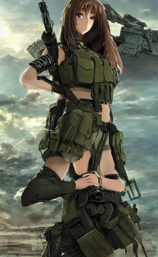 Prompt: long hair girl, trading card front, future soldier clothing, future combat gear, realistic anatomy, concept art, professional, by ufotable anime studio, green screen, volumetric lights, stunning, military camp in the background, metal hard surfaces, focus on generate the face, tanny skin