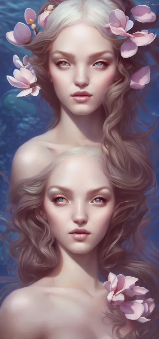 Image similar to character art of a goddess of magnolias as windy dusty underwater angelic young female | | seductive - fine - face, pretty face, key visual, realistic shaded perfect face, fine details by artgerm, wlop, tom bagshaw, james jean, andrei riabovitchev, marc simonetti, trending on artstation