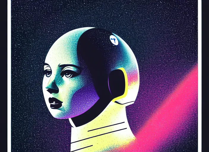 Image similar to portrait of a young astronaut girl, colorful,modern art deco, Mads Berg, Karolis Strautniekas, stippled light, fine texture, editorial illustration, dramatic lighting, dynamic composition, detailed, matte print