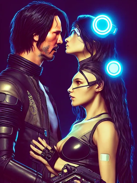 Image similar to a cyberpunk 2077 couple portrait of Keanu Reeves & female android in final kiss,love,by Laurie Greasley,Lawrence Alma-Tadema,Dan Mumford,artstation,deviantart,FAN ART,full of color,Digital painting,face enhance,highly detailed,8K,octane,golden ratio,cinematic lighting