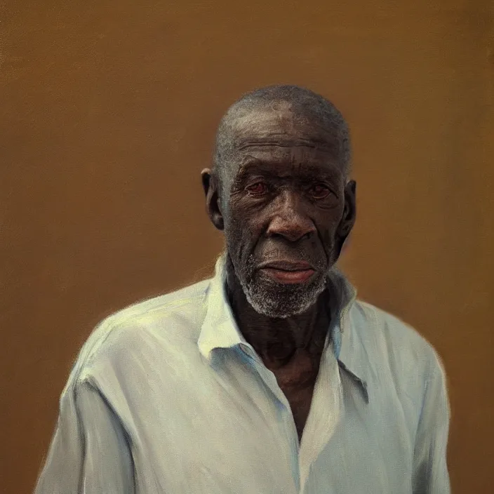 Image similar to a painting of a elder man by Lynette Yiadom-Boakye . details, smooth, sharp focus, illustration, realistic, cinematic, artstation, award winning, rgb , unreal engine, octane render, cinematic light, macro, depth of field, blur, red light and clouds from the back, highly detailed epic cinematic concept art CG render made in Maya, Blender and Photoshop, octane render, excellent composition, dynamic dramatic cinematic lighting, aesthetic, very inspirational, arthouse.