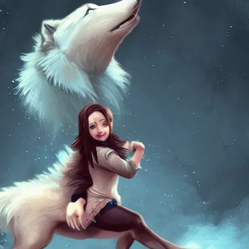 Image similar to a girl riding a wolf, trending on artstation