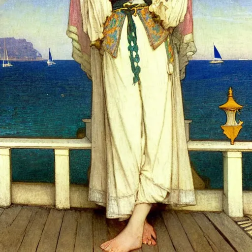 Image similar to A jester girl behind the beach castle balustrade, sail boat on the background, major arcana clothes, by paul delaroche, alphonse mucha and arnold böcklin arnold böcklin hyperrealistic 8k, very detailed