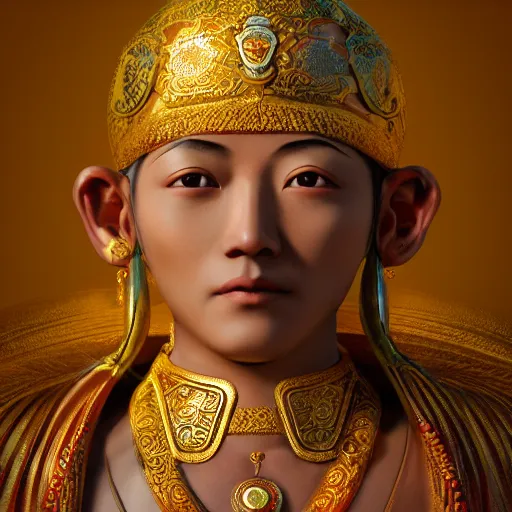 Prompt: centered detailed portrait and body of a tibetan saint, realistic character concept, identical eyes, gazing eyes, elegant pose, fantasy, illustration, slender symmetrical face and body, artstation, cinematic lighting, hyperdetailed, cgsociety, 8 k, tom richmond, single face, octane render, golden ratio, postprocessing, cartoon