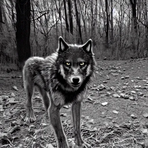 Prompt: werewolf caught on trailcam 8 k detailed