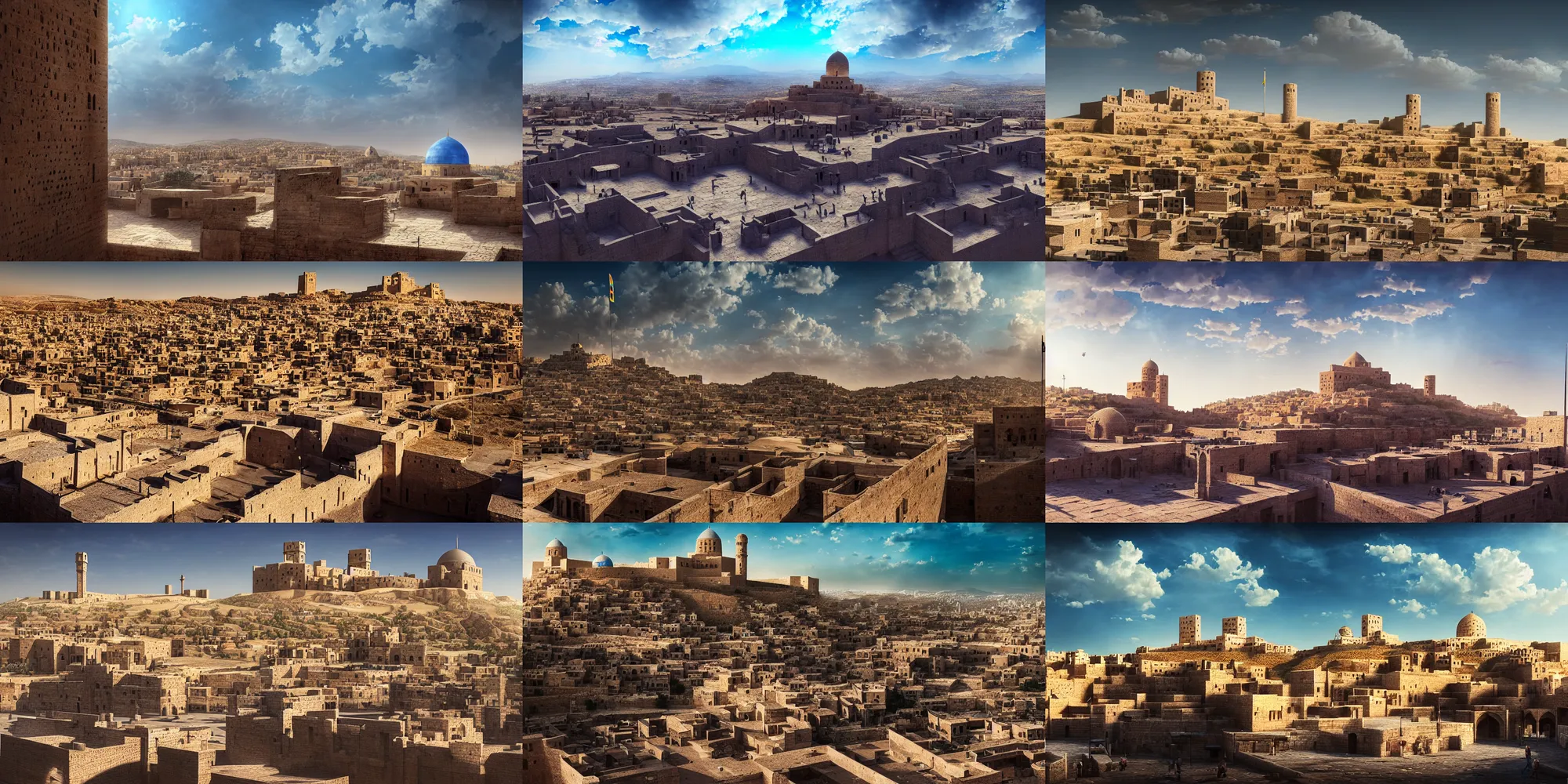 Prompt: citadel of erbil, old town mardin, kurdistan, dramatic, atmospheric, photorealistic, bright blue sky, wide establishing shot, cityscape, octane render, rtx, hdr, unreal engine, concept art by sparth, jordan grimmer, studio ghibli