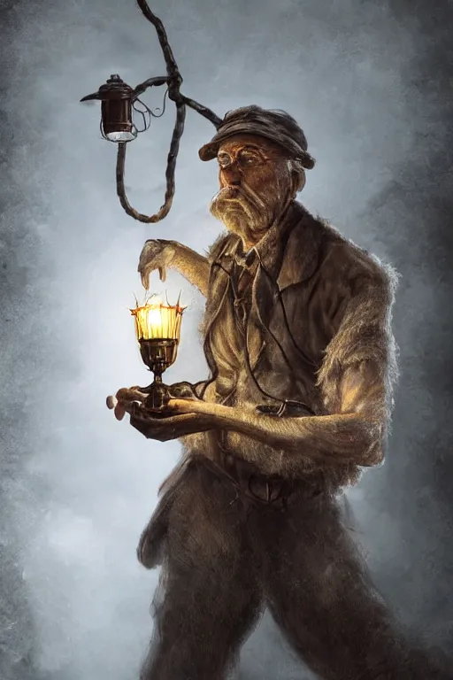 Prompt: a close - up view of an old - fashioned explorer facing the viewer and holding a lamp in front of him, with an enormous monstrous spider right behind, dramatic lighting, low angle, wide angle, creepy, horrific, realistic, fantasy art, highly detailed digital art
