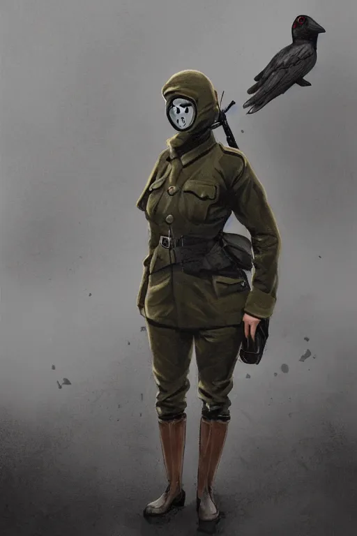 Image similar to ww 1 british sas female masked operative with the standard black uniform and a white porcelain crow mask, artstation, trending on artstation, establishing shot, by simon stalenhag