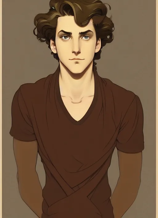 Prompt: art nouveau portrait of a handsome young man with curly medium length light brown hair, brown eyes, serious facial expression, gloomy mood, annoyed, t - shirt, natural lighting, path traced, highly detailed, high quality, cartoon, digital painting, by don bluth and ross tran and studio ghibli and alphonse mucha