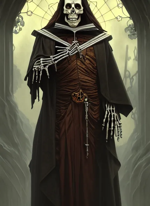 Image similar to undead skeleton king, wearing an academic gown, tarot card, highly detailed, deep focus, elegant, digital painting, smooth, sharp focus, illustration, ultra realistic, 8 k, art by artgerm and alphonse mucha and greg rutkowski