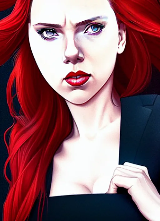 Image similar to phil noto, artgerm, pretty scarlett johansson black widow, symmetrical eyes, long red hair, full body, city rooftop