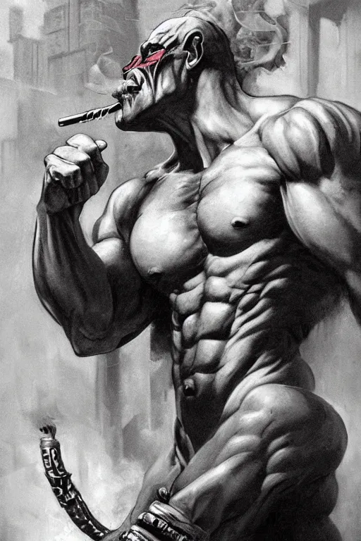 Image similar to A muscular demon smoking a cigar in a cyberpunk setting, by Frank Frazetta, Trending on Artstation, highly detailed,