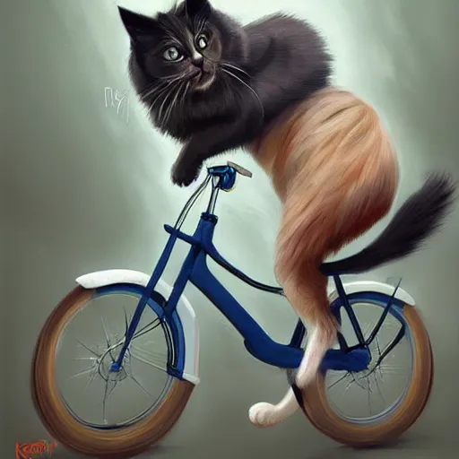 Prompt: head and shoulders masterpiece portrait of cute cat riding a bicycle, surreal background, digital art by Krenz Cushart, trending on artstation