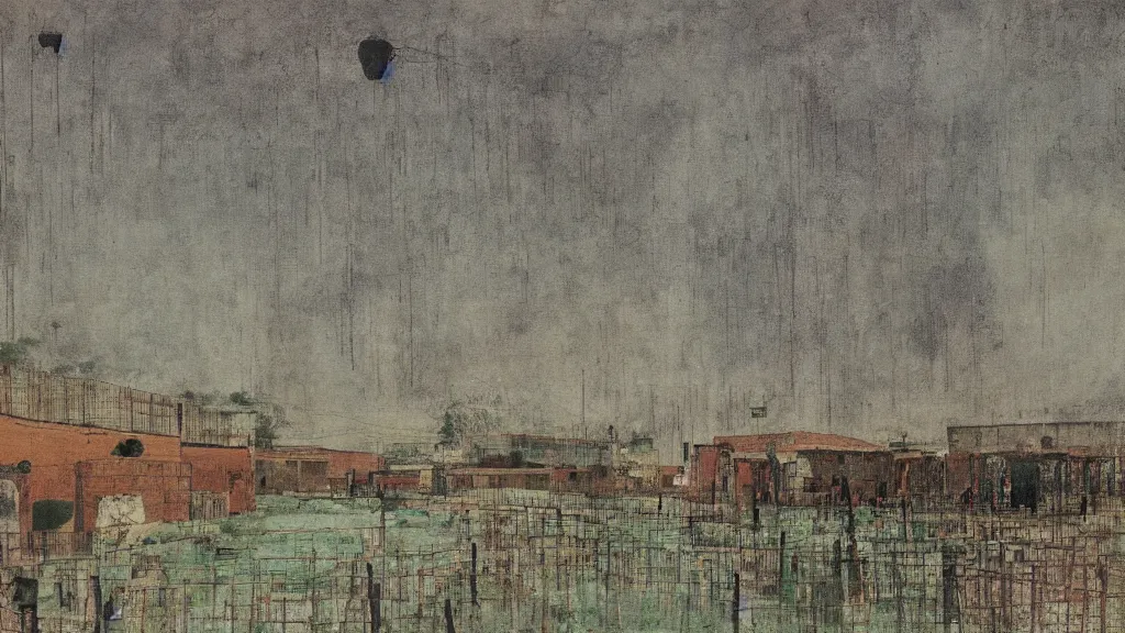 Image similar to a chinese prison near a river by peter doig, muted colors