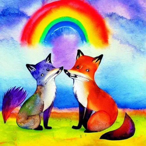 Image similar to a fox family, fantasy scenery, rainbow, watercolor painting, sunset