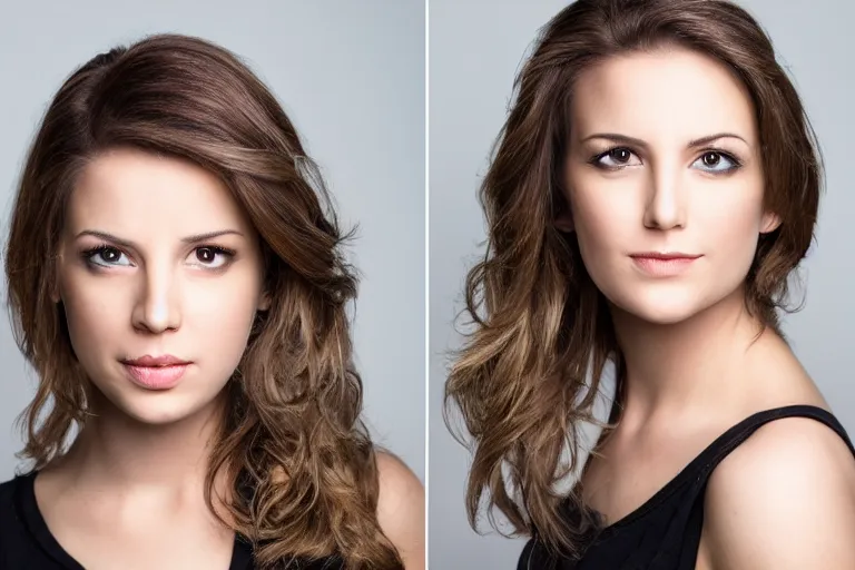 Prompt: a portrait headshot photograph of a female actor looking at the camera, ultra high detailed, realistic, hair light, key light, by peter hurley