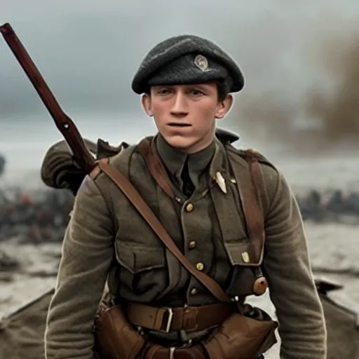 Image similar to tom holland as a british ww 2 soldier during the battle of dunkirk, highly detailed, cinematic lighting, photorealistic