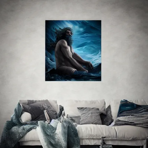 Image similar to Poseidon, the god of the sea, matte painting, photorealistic, dark colors