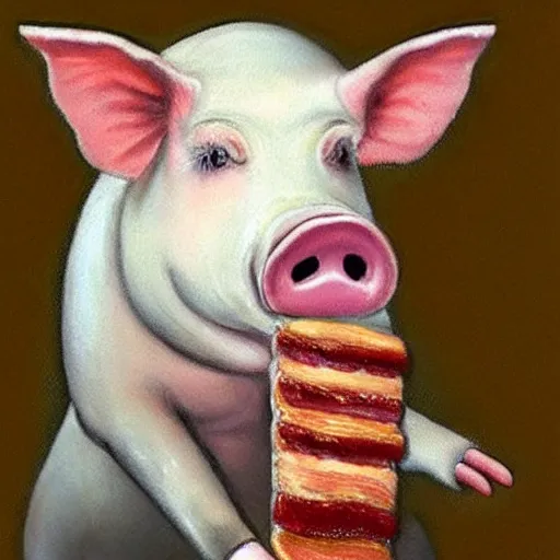 Image similar to a pig eating a rasher of bacon. detailed, realistic,