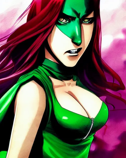 Prompt: artgerm, eiichiro oda, pixiv, Rafael Albuquerque comicbook cover, cinematics lighting, beautiful Anna Kendrick supervillain Enchantress, green dress with a black hood, angry, symmetrical face, Symmetrical eyes, full body, flying in the air over city, night time, red mood in background