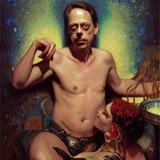 Prompt: portrait of steve buscemi in a bath tub. shadowrun furaffiniy cyberpunk fantasy highly detailed painting by gaston bussiere craig mullins jc leyendecker gustav klimt artgerm greg rutkowski john berkey, bergey, craig mullins, ruan jia, raymond swanland, jeremy mann, tom lovell, alex malveda