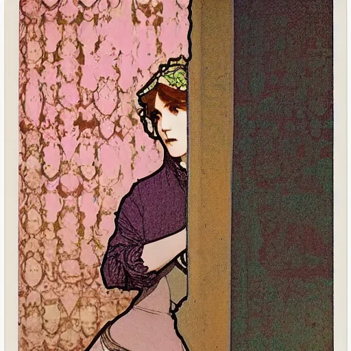 Image similar to a lonely girl in an empty room, colored daguerreotype, by mucha, by Mackintosh, bright pastel colors,
