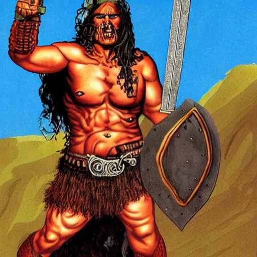 Image similar to barbarian warrior holding sword. Artwork by Richard Corben