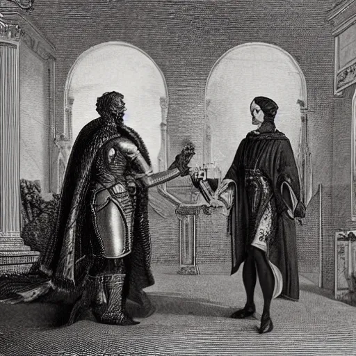 Image similar to The Duke of Mars receives the Marquis of Io in his palace, photorealistic, sci-fi