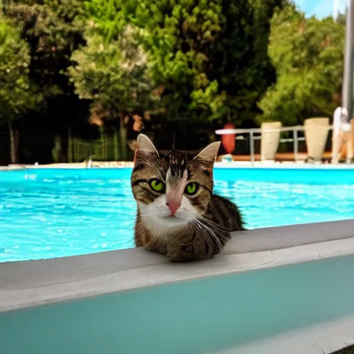 Prompt: cat at poolside