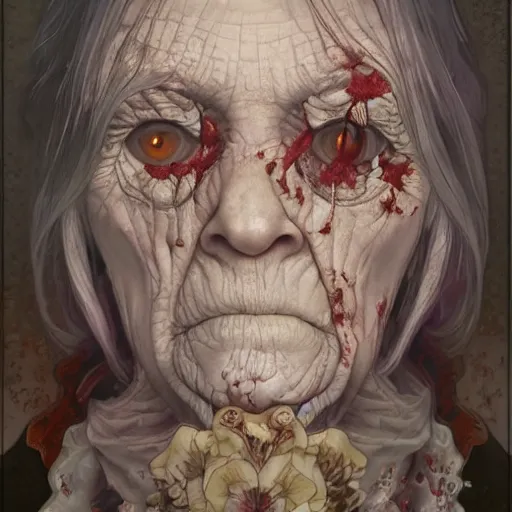 Image similar to elderly zombie woman, intricate, art by artgerm and greg rutkowski and alphonse mucha and william - adolphe bouguereau, high detailed, 4 k,