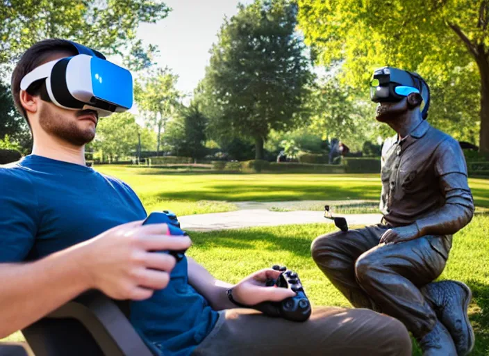 Image similar to photo still of a bronze statue of a man gaming in vr in a park on a bright sunny day, 8 k 8 5 mm f 1 6