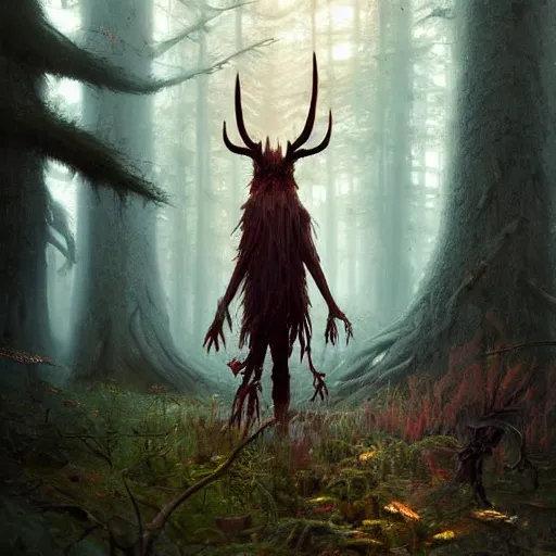 Image similar to highly detailed creepy forest creature with antlers, stephen bliss, unreal engine, fantasy art by greg rutkowski, loish, rhads, ferdinand knab, makoto shinkai and lois van baarle, ilya kuvshinov, rossdraws, tom bagshaw, global illumination, radiant light, detailed and intricate environment