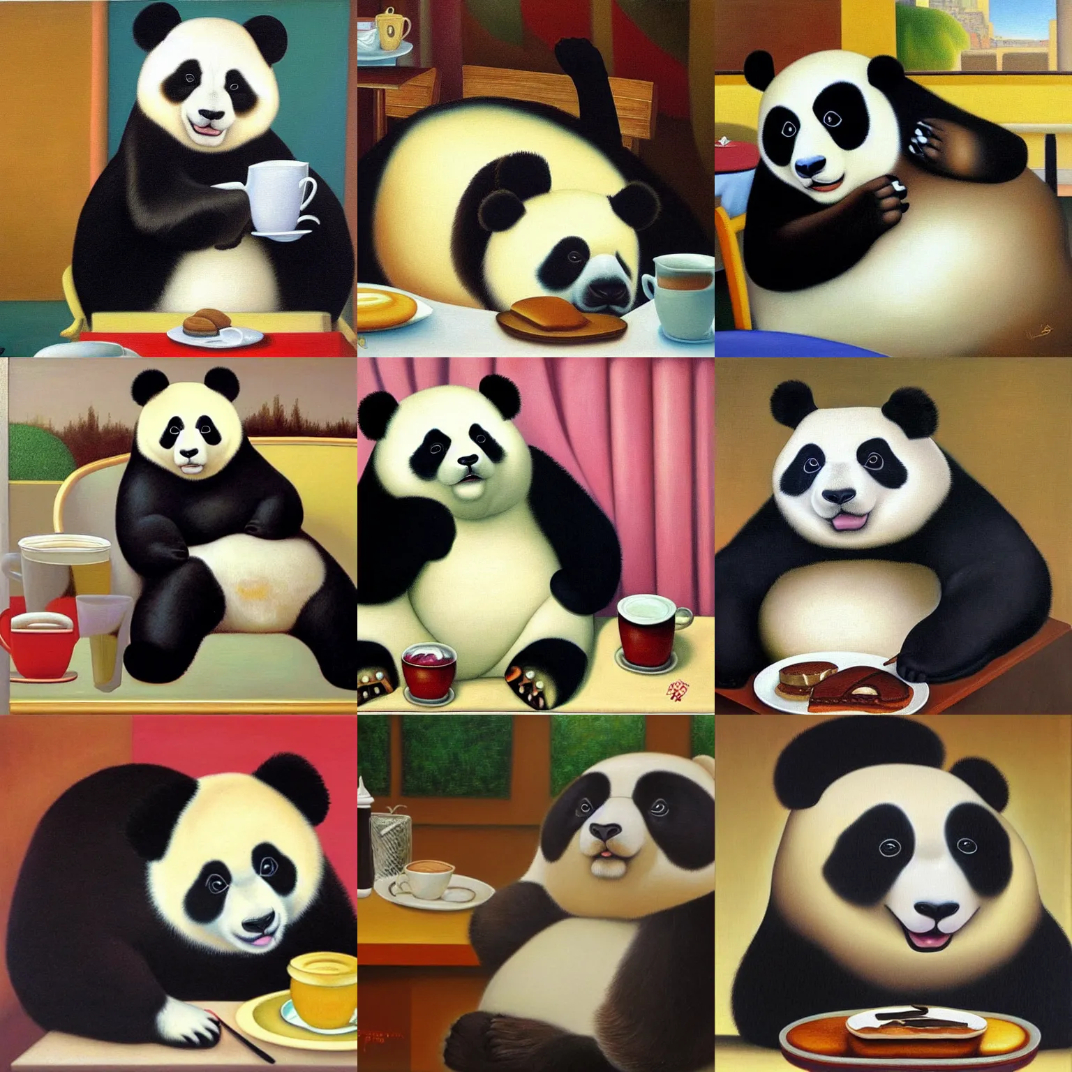 Prompt: an obese panda at a cafe, oil painting, highly detailed, by fernando botero