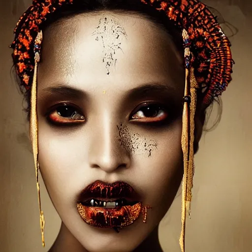 Prompt: A beautiful artistic portrait by Zhang Jingna, african tribal makeup, beautiful lighting, fashion photography