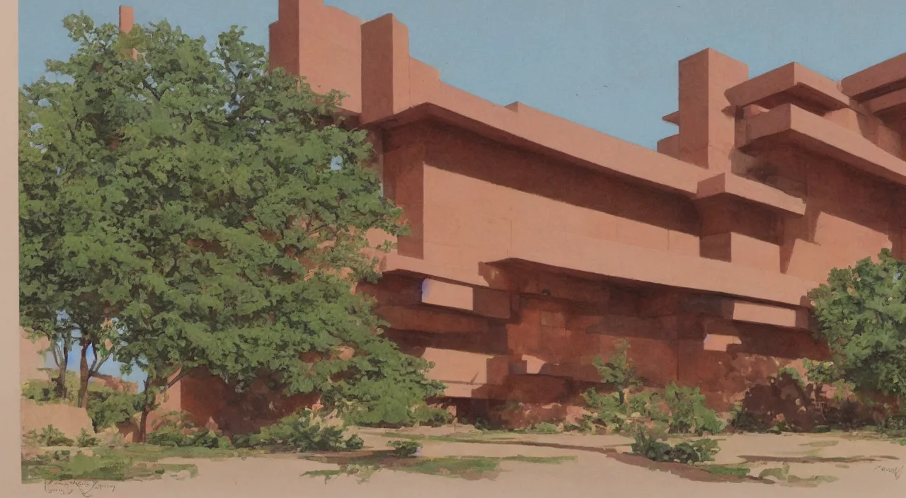 Image similar to gouache by james gurney. building designed by frank lloyd wright