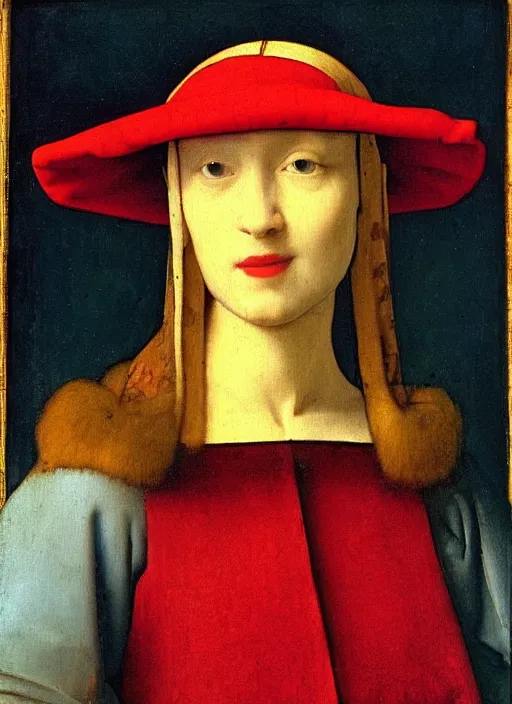 Image similar to red hat, medieval painting by jan van eyck, johannes vermeer