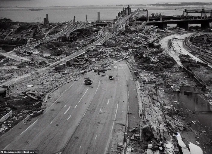 Image similar to grainy futuristic photo of the remains of an enormous destroyed freeway bridge on the new york coast after the apocalypse ; the bridge leads into the wide ocean