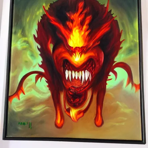 Image similar to fire demon eat human, oil painting