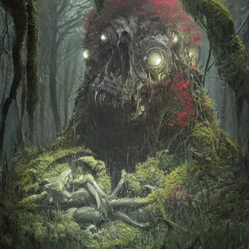 Prompt: a beautiful terrifying monster made out of moss and flowers, emerging from the undergrowth. ethereal horror fantasy art by greg rutkowski