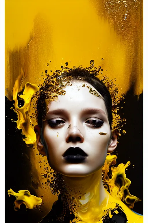 Prompt: 3 d, crying fashion model, flame, liquid black and yellow water, morning, vogue cover style, poster art, high detail, intricate oil painting, multiple exposure, heaven mood, hyperrealism, 3 d, by tooth wu and wlop and beeple and greg rutkowski