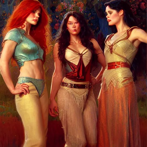 Prompt: the charmed ones, the 3 sisters. highly detailed painting by gaston bussiere, craig mullins, j. c. leyendecker, 8 k