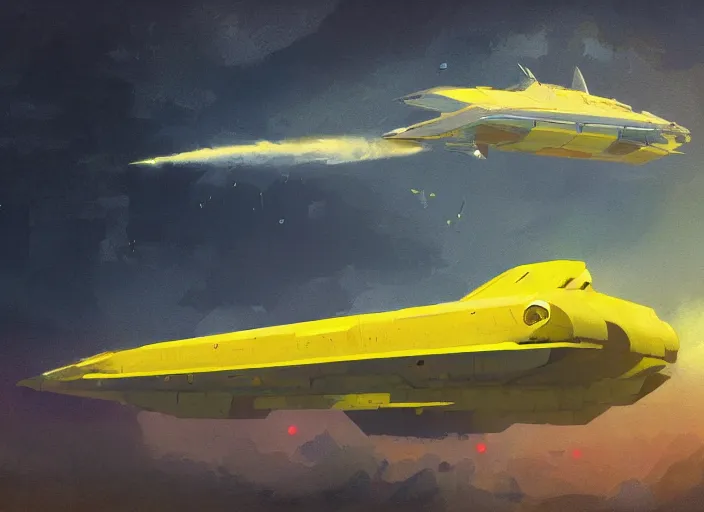 Prompt: a painting of a futuristic yellow submarine plane flying through the sky, concept art by Ian McQue, cgsociety, retrofuturism, artstation hq, concept art, sci-fi