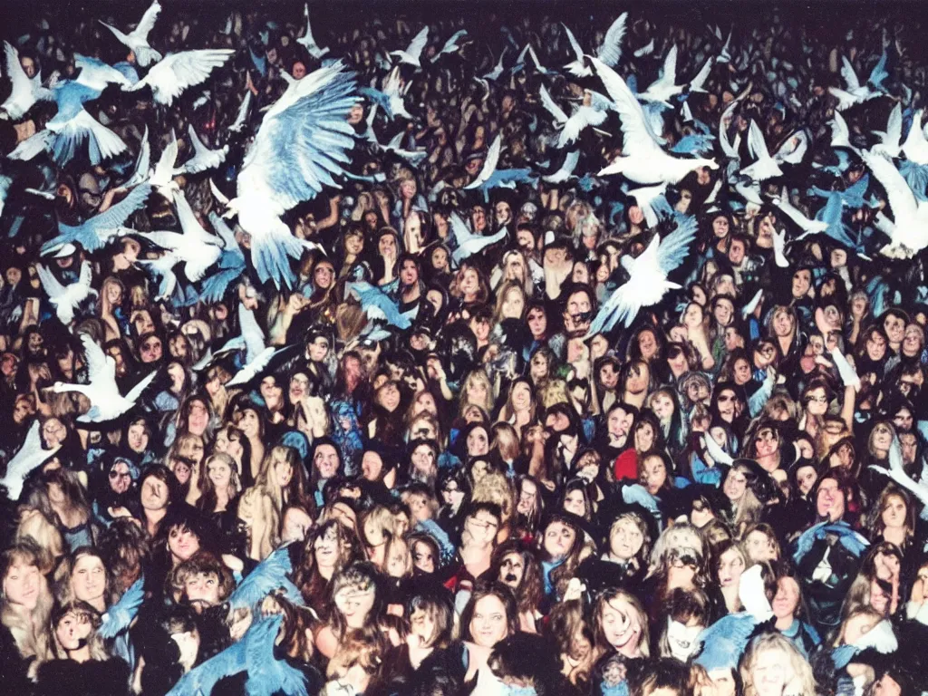 Image similar to 80s polaroid colour flash photograph of pigeons attending an Iron Maiden concert