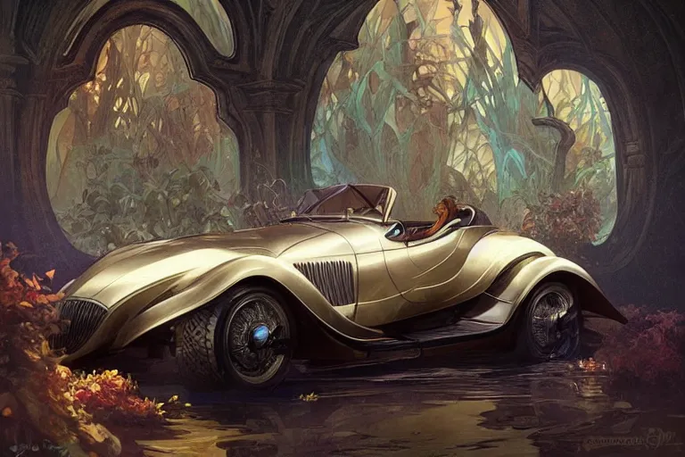 Image similar to 1930 car, fantasy, elegant, intricate, highly detailed, digital painting, artstation, concept art, sharp focus, illustration, art by artgerm and greg rutkowski and alphonse mucha