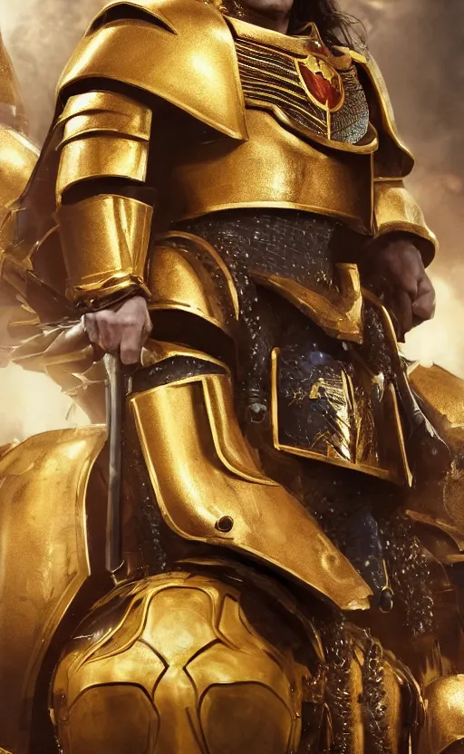 Image similar to Henry Cavill as warhammer 40k Emperor of Mankind dressed in his golden power armor. full-length portrait, beautiful face, long hair, painted by Donato Giancarlo and Annie Liebowitz, fine details, cinematic, highly detailed, octane render